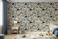 Bird and berry pattern wallpaper in apartment dining area, modern table, nature-inspired look