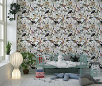 Songbird wallpaper in bedroom, delicate berries and leaves, calm color palette, accent wall