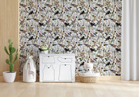 Bird and berry pattern wallpaper in apartment dining area, modern table, nature-inspired look