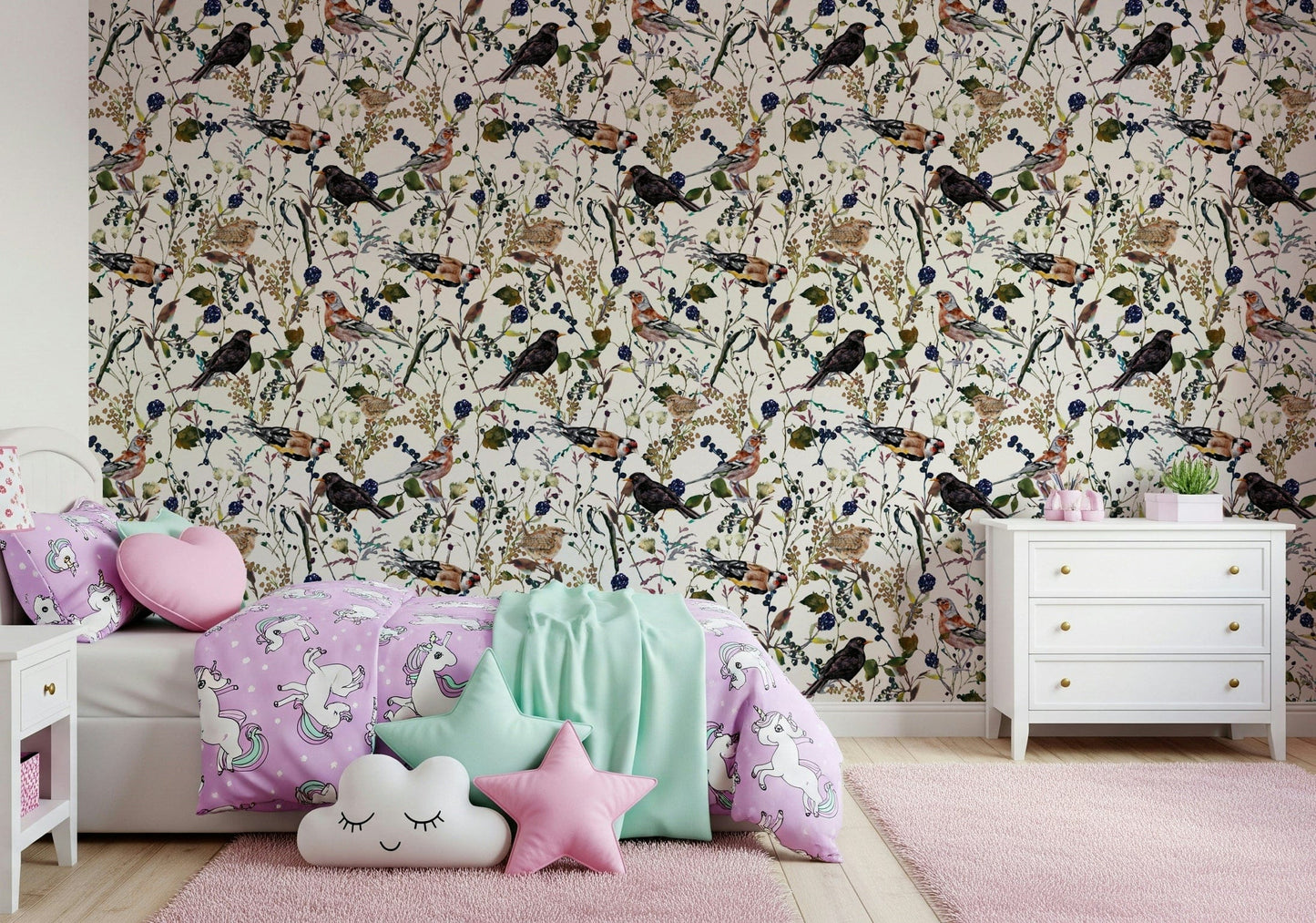 Nursery wall with small birds and berries wallpaper, gentle pattern, cozy modern space