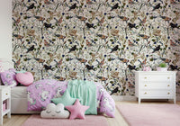 Nursery wall with small birds and berries wallpaper, gentle pattern, cozy modern space
