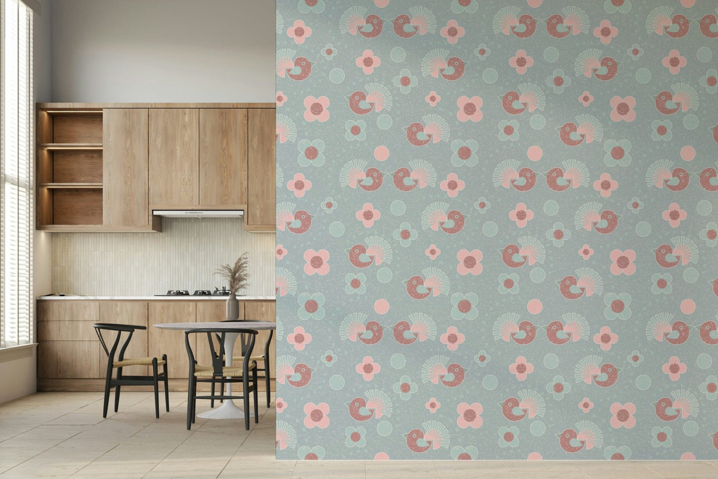 Pastel Bird and Blossom Wallpaper – Whimsical design with delicate birds and blooming flowers in gentle pastel tones.