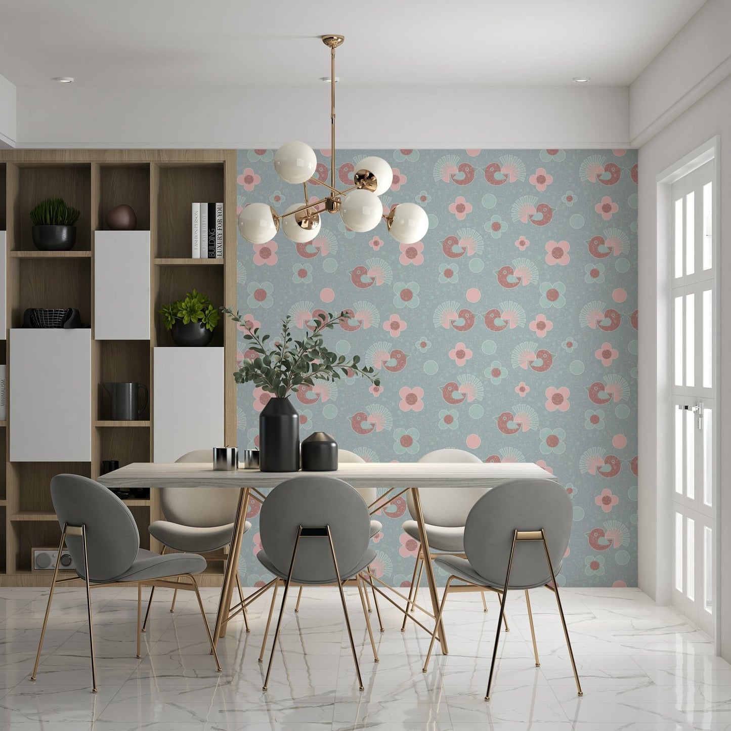 Birdie Blooms Wallpaper Mural – Cheerful floral and bird pattern with soft pinks, blues, and yellows.
