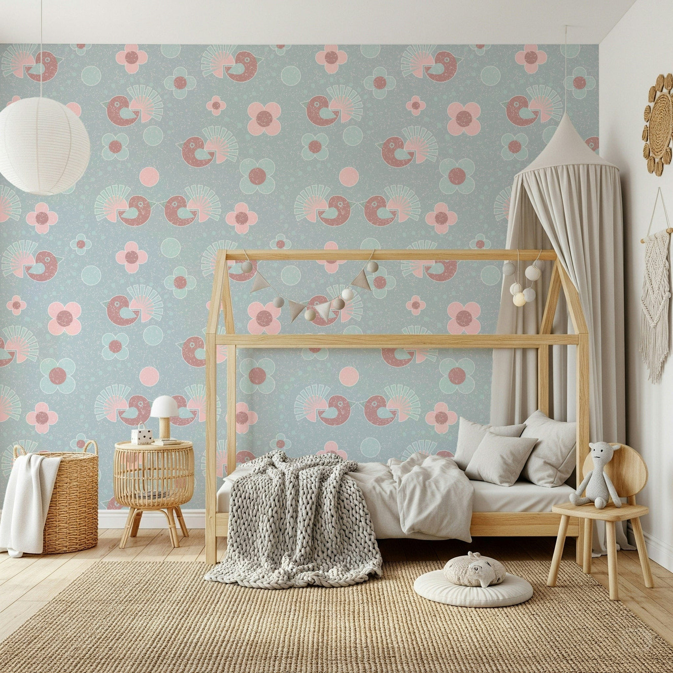 Soft Pastel Bird and Flower Mural – Decorative wallpaper combining playful birds and gentle floral accents.