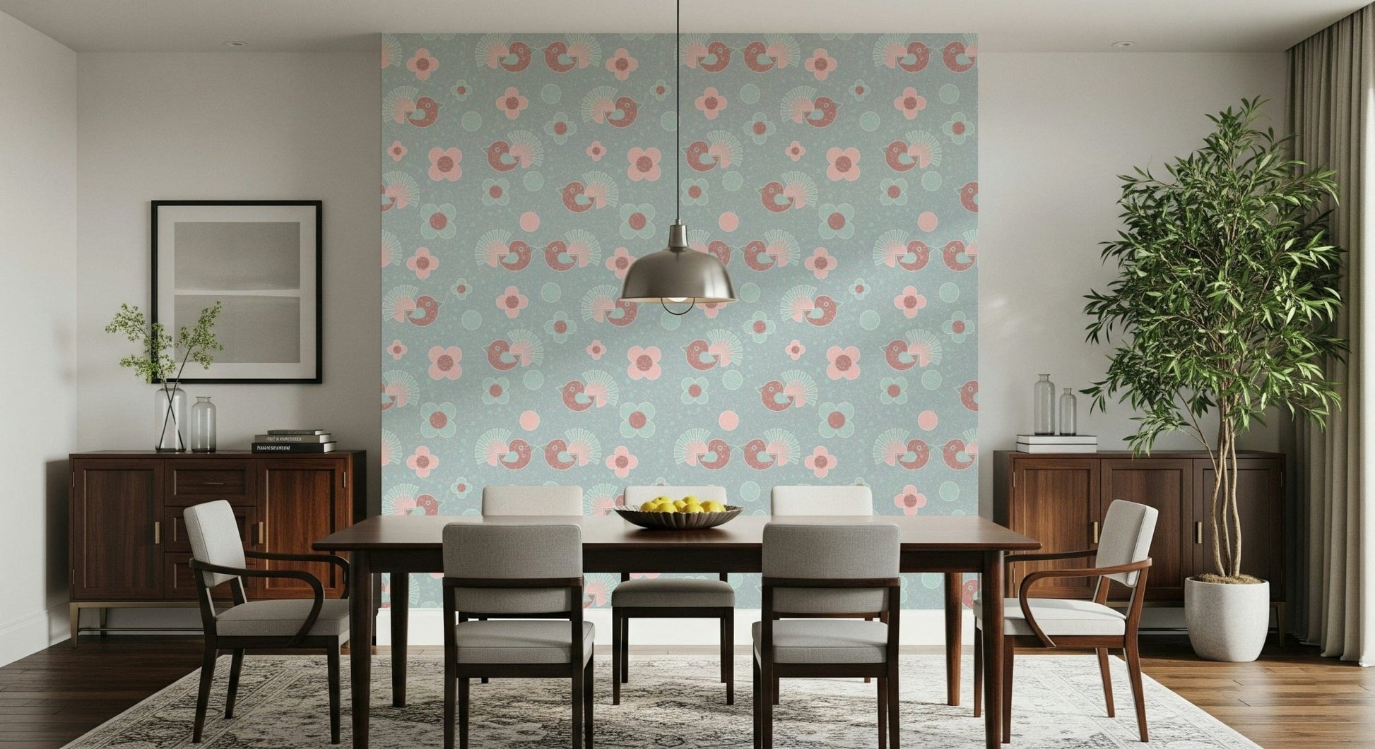 Birdie Blooms Pastel Floral Wallpaper – Delightful pastel wallpaper with flying birds and scattered blossoms.