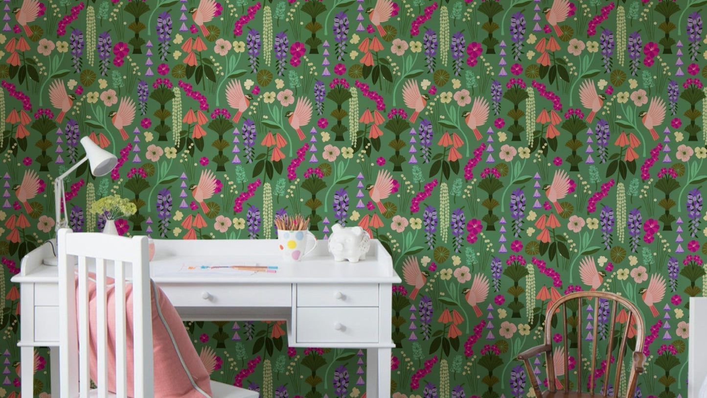 Elegant wallpaper with birds perched among blooms

