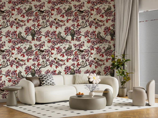 Living room with ivory bird and cherry blossom wallpaper