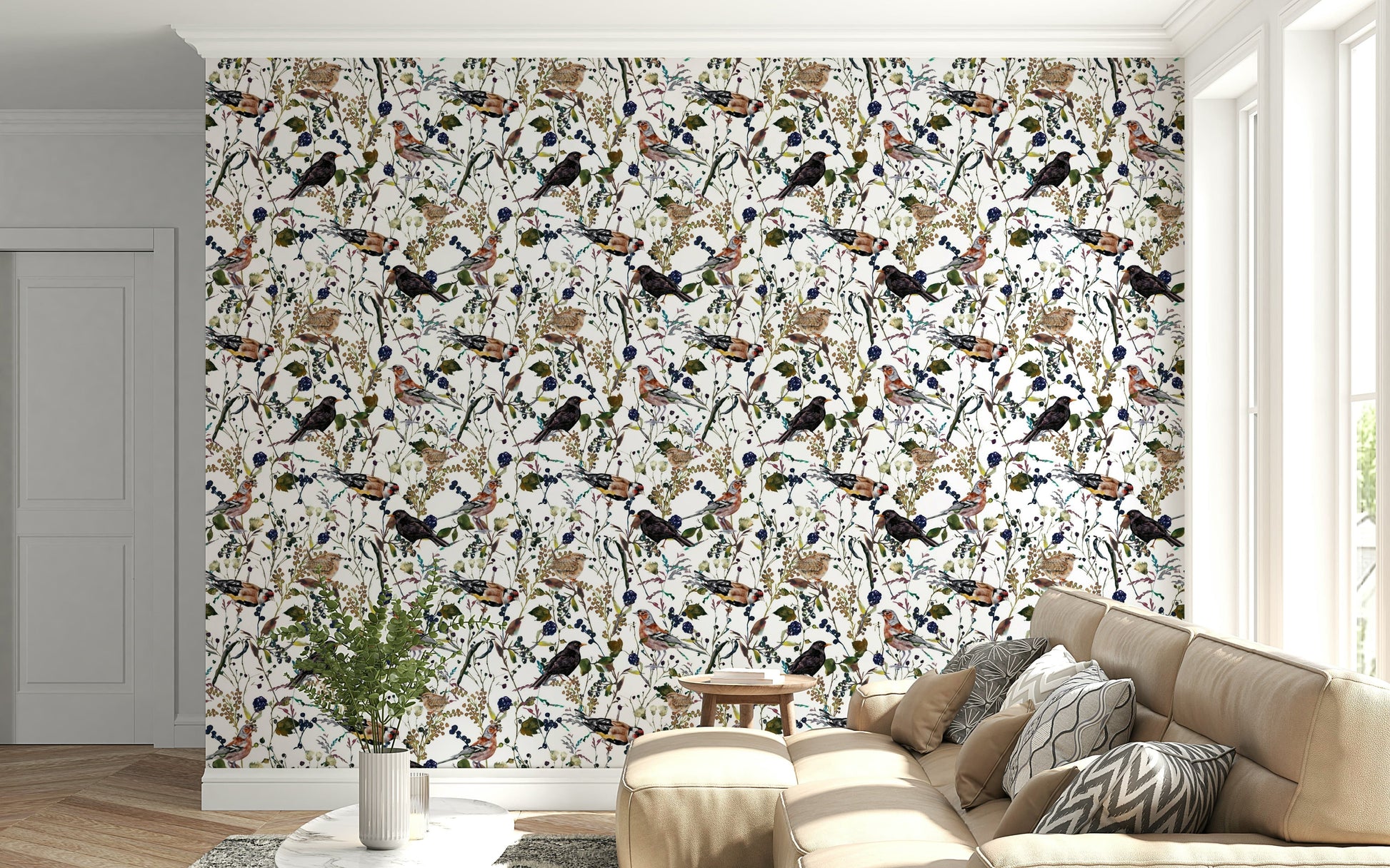 Sophisticated Winter Berries Watercolor wall art featuring sparrows and twigs.