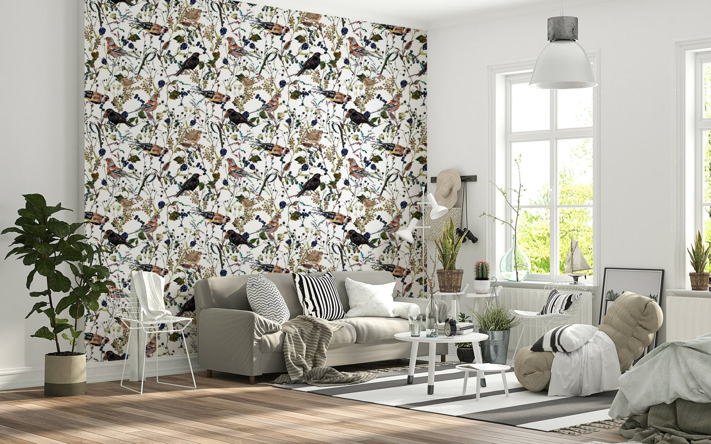 Lush Winter Berries Watercolor mural featuring forest birds and plants.