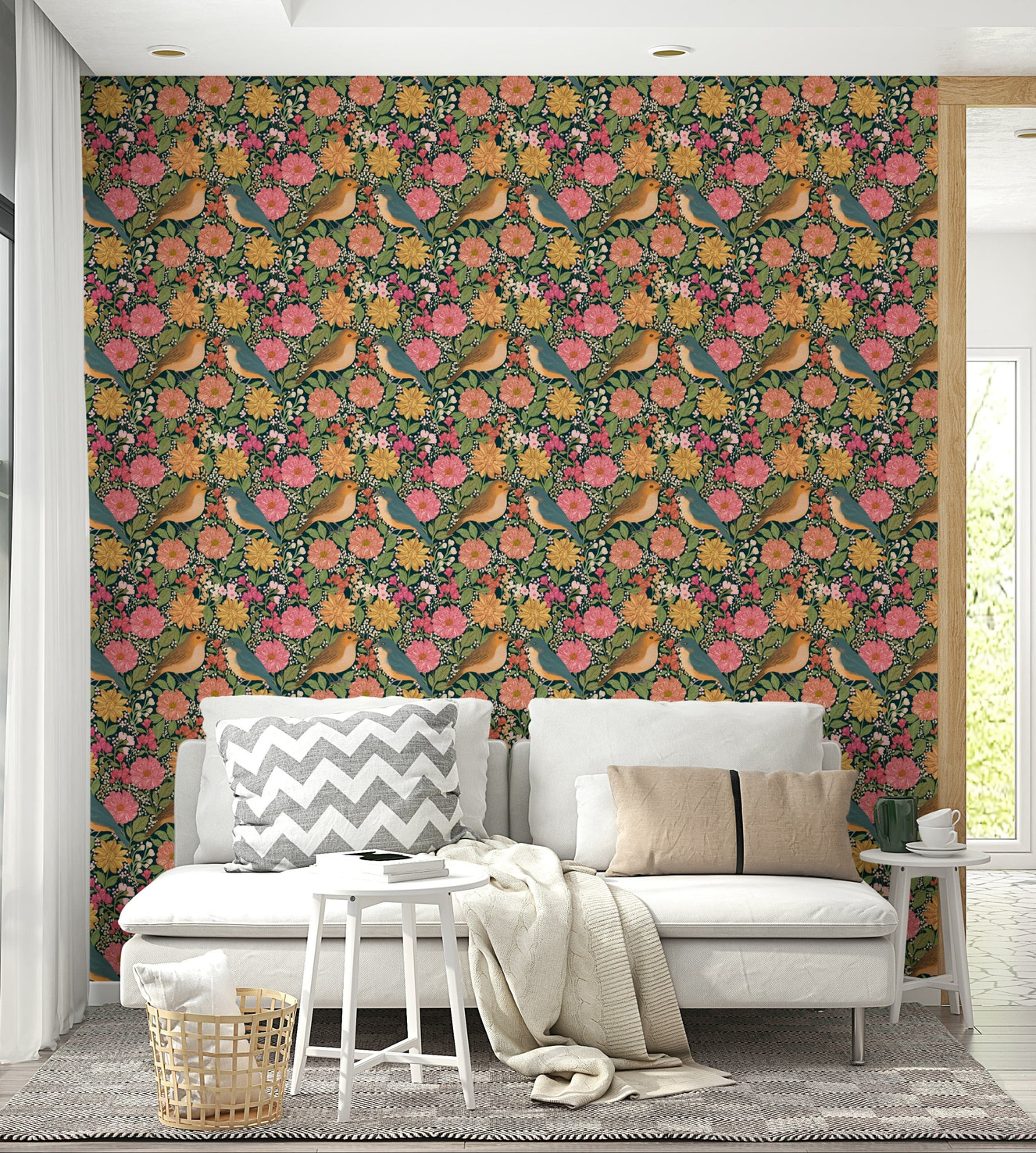 An artistic bird in flowers mural on minimalist wallpaper.

