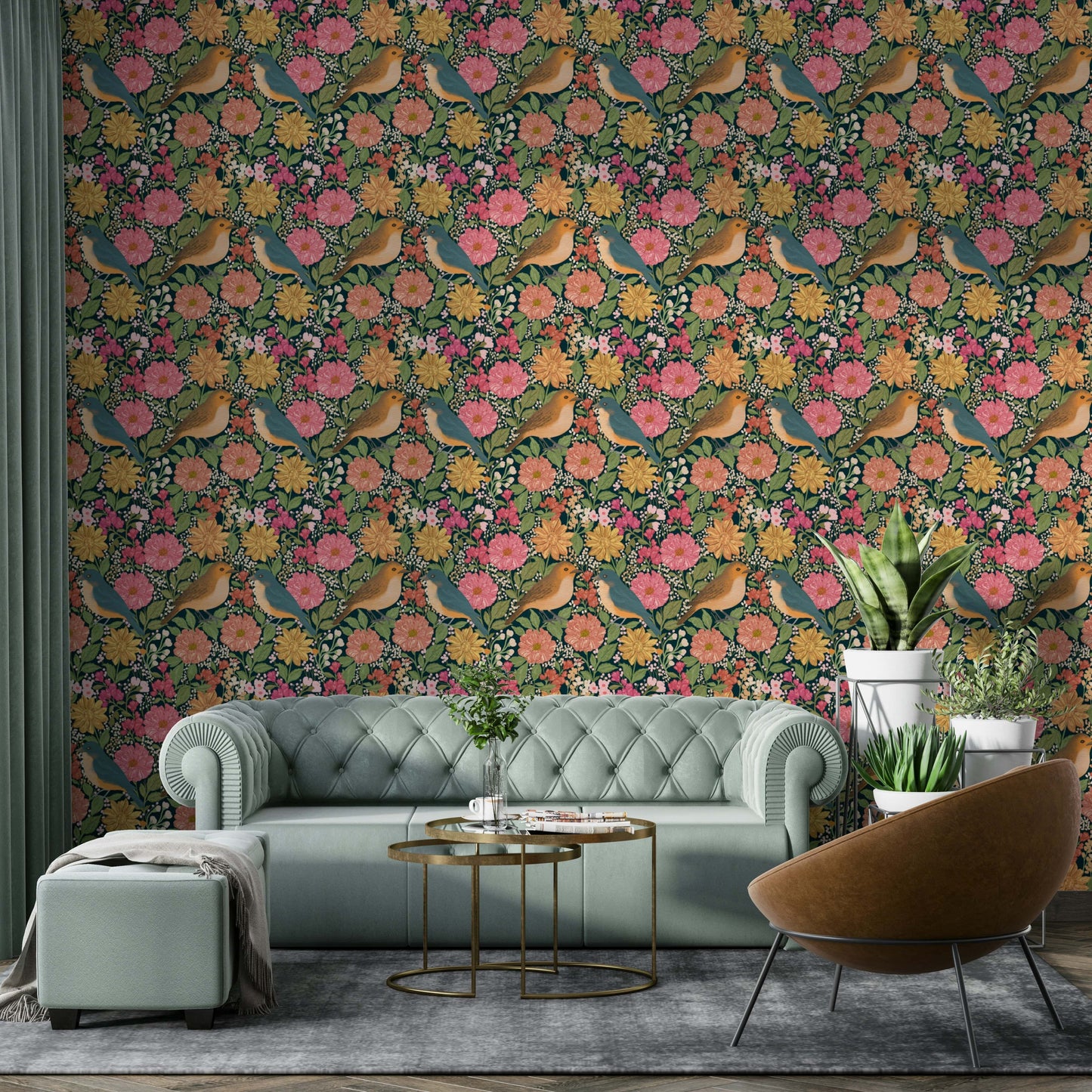 A beautiful floral and bird wallpaper mural for a charming room.

