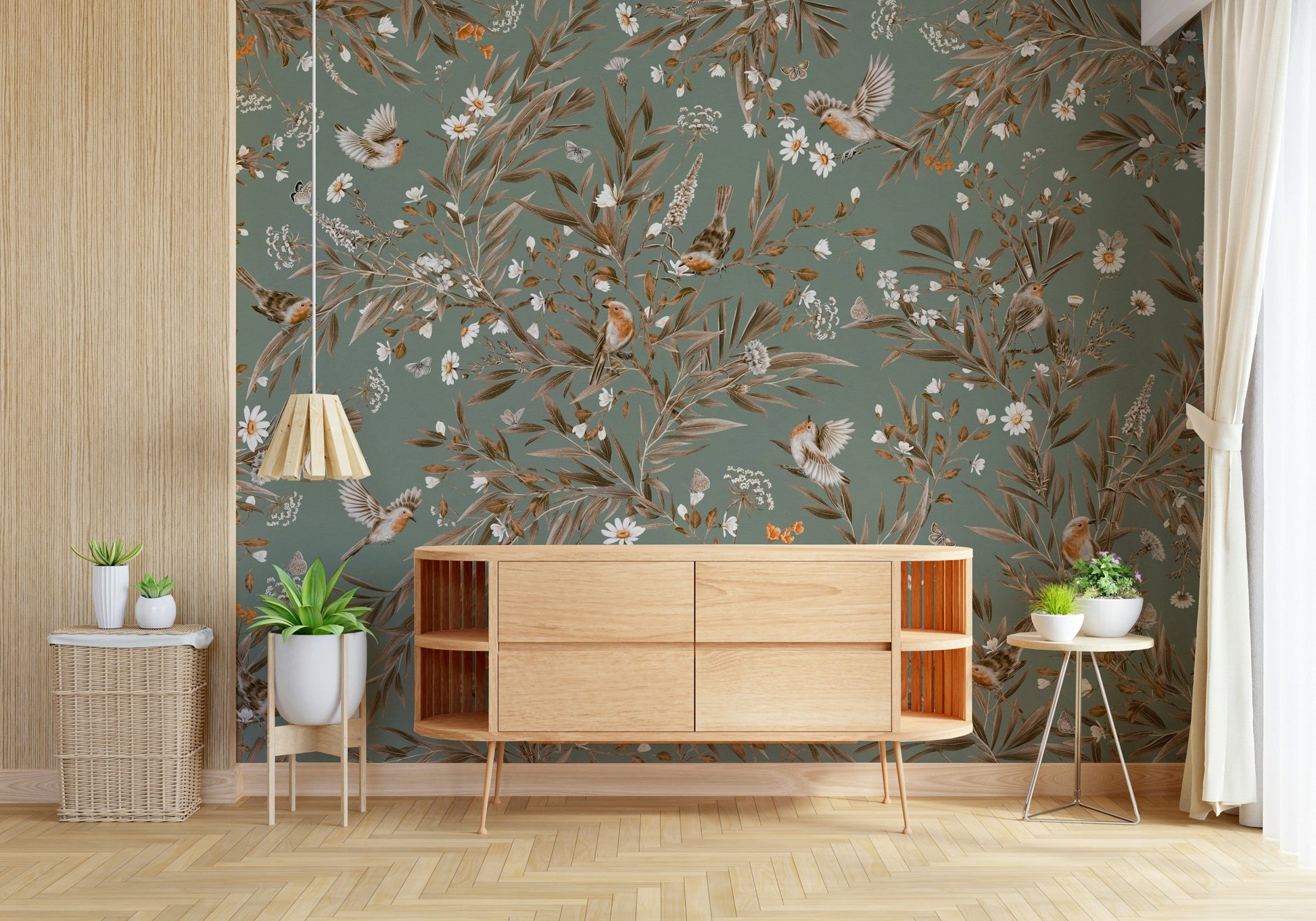 Floral symphony wall art with exotic birds resting on delicate branches