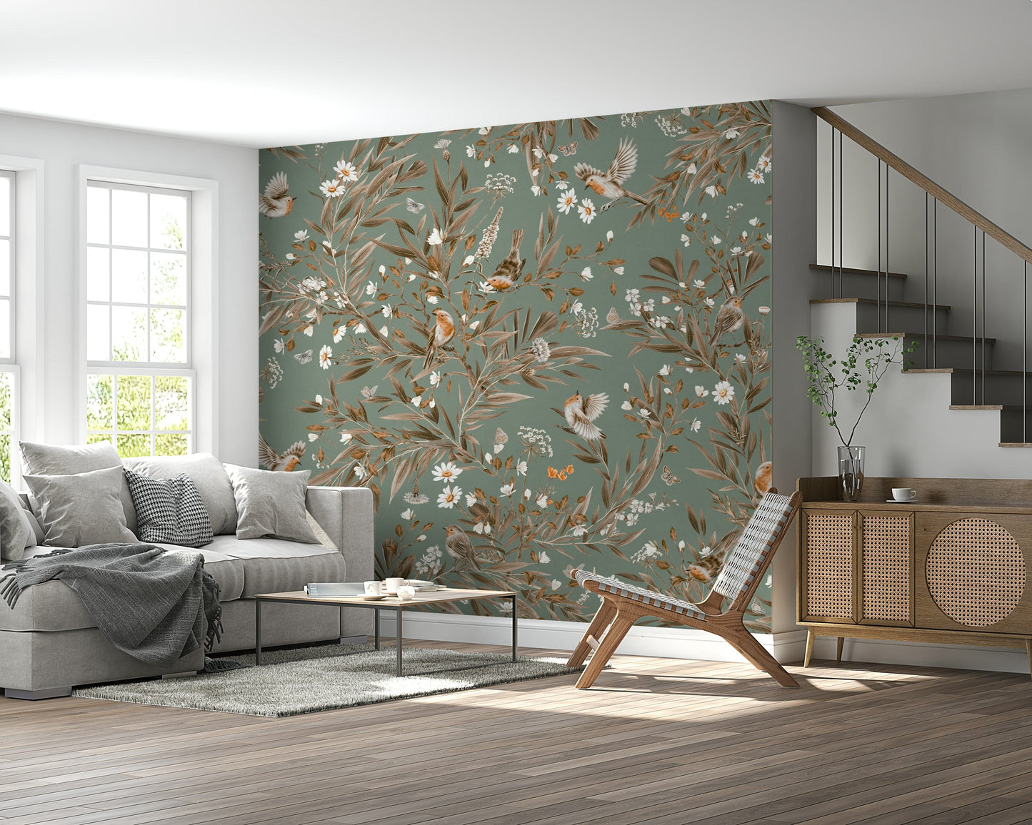 Artistic wall mural showcasing birds and blossoms in perfect natural harmony