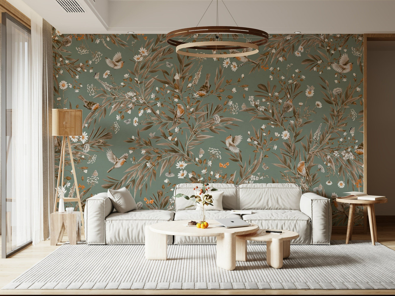 Elegant botanical mural with graceful birds perched amidst lush floral patterns.