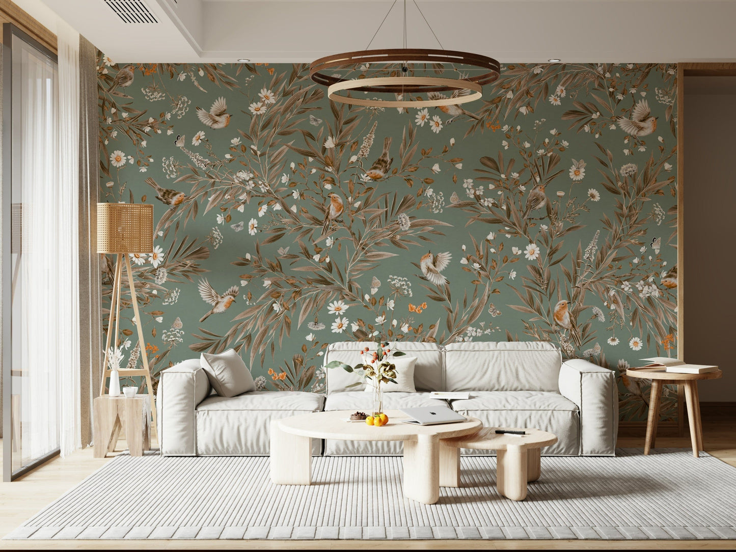 Elegant botanical mural with graceful birds perched amidst lush floral patterns.