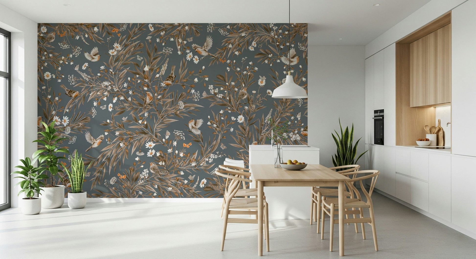 Romantic wall mural with birds and blossoms creating a harmonious nature theme.