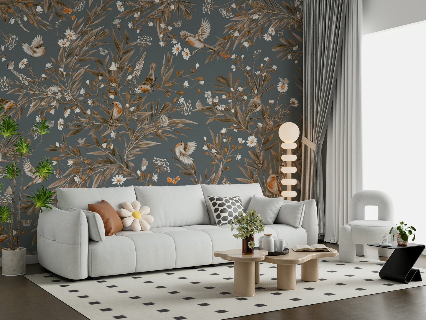 Artistic wall mural featuring songbirds and blossoms in a soothing garden scene