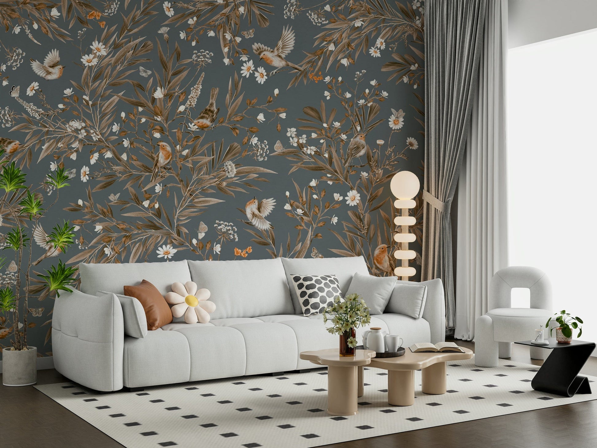 Artistic wall mural featuring songbirds and blossoms in a soothing garden scene