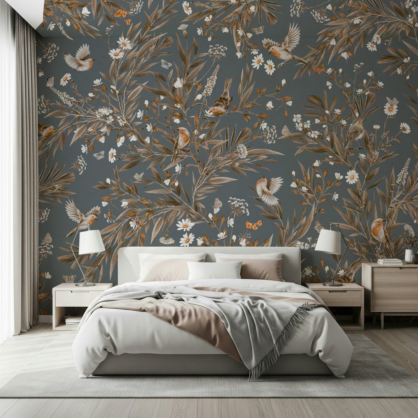 Peaceful wall mural with graceful birds surrounded by blooming flowers and soft greenery
