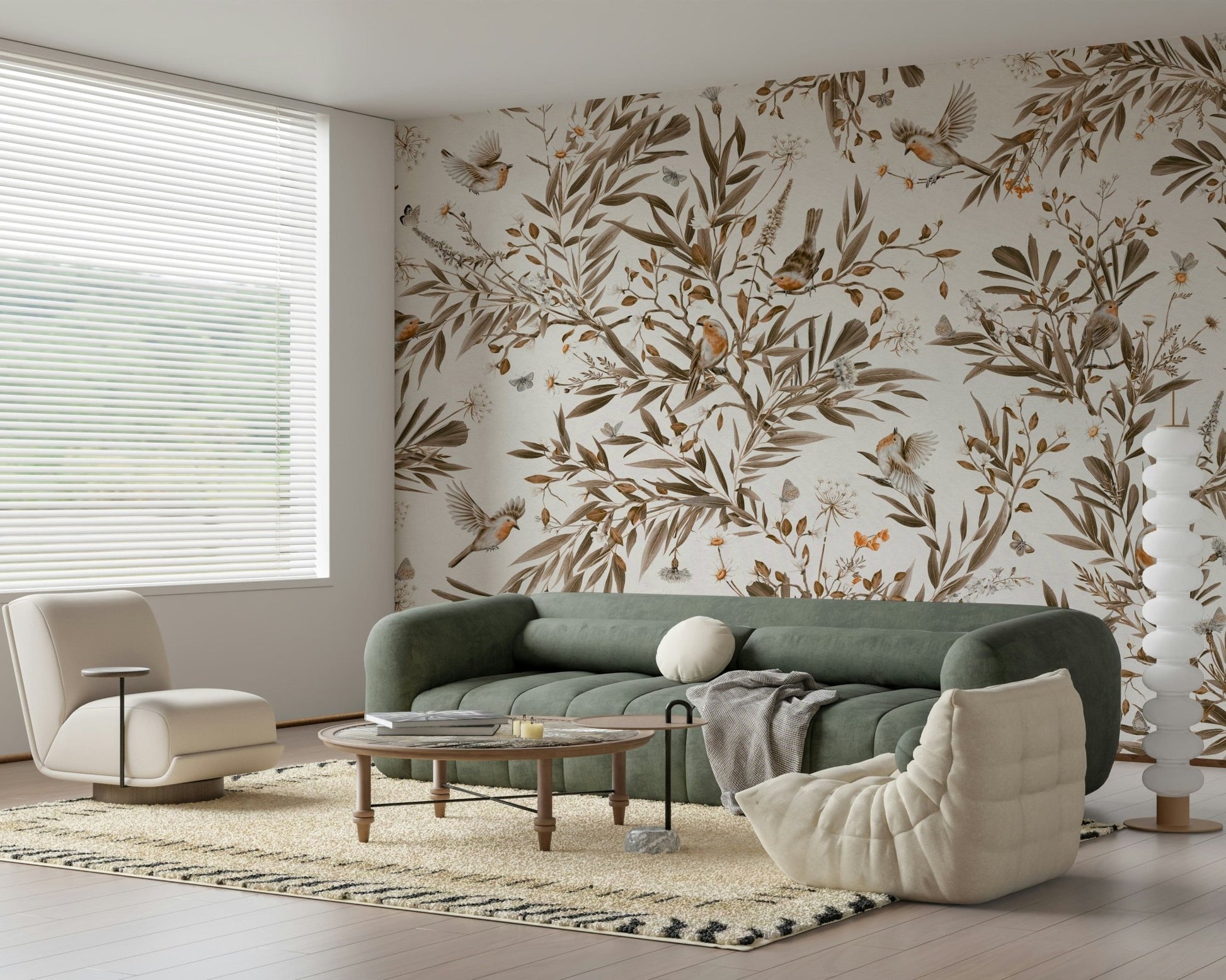 Vintage-style sepia mural of graceful birds perched on blooming branches