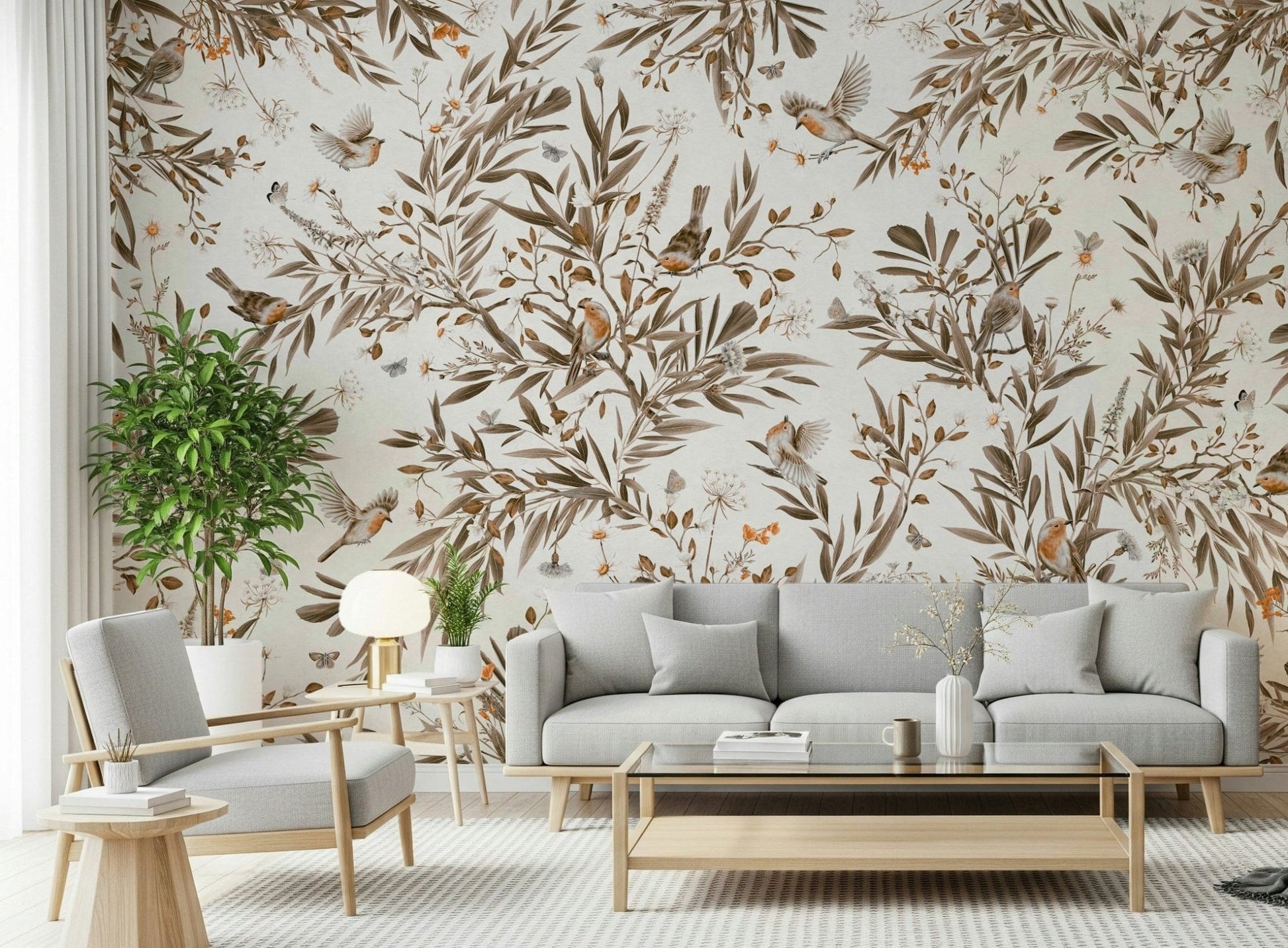 Warm-toned sepia wall mural blending floral elegance with graceful birds