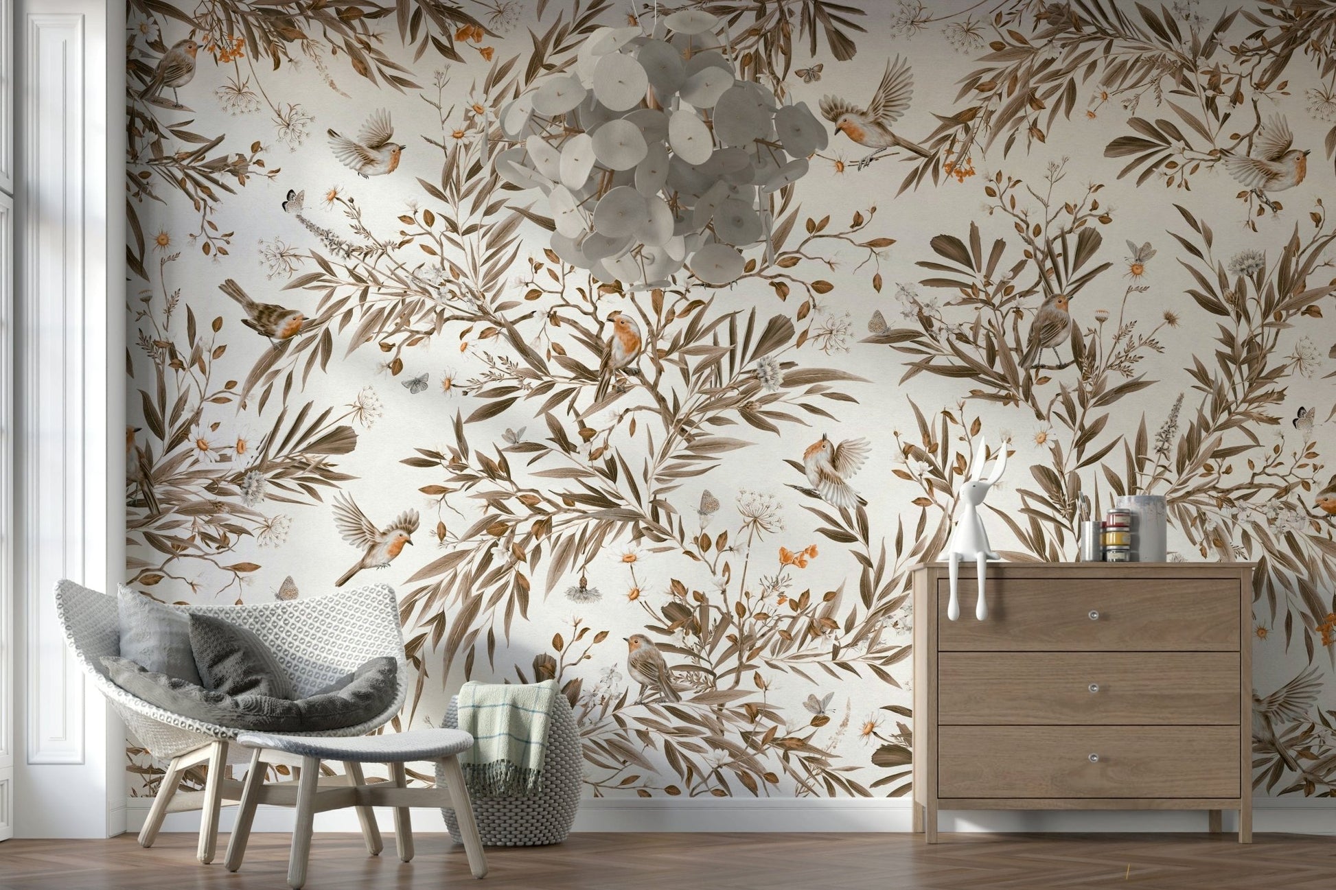 Romantic vintage mural in sepia hues featuring birds among delicate blooms