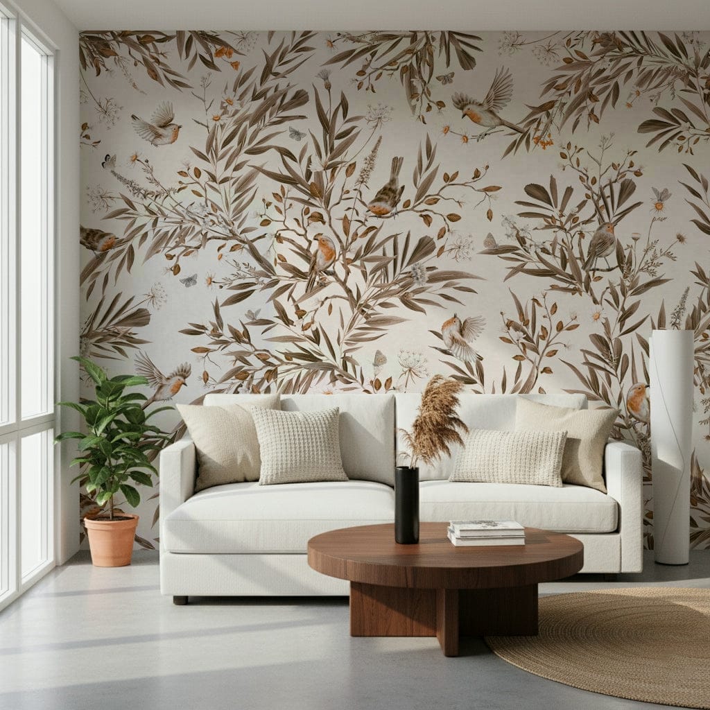 Nature-inspired mural with subtle sepia flowers and perched birds