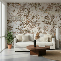 Nature-inspired mural with subtle sepia flowers and perched birds
