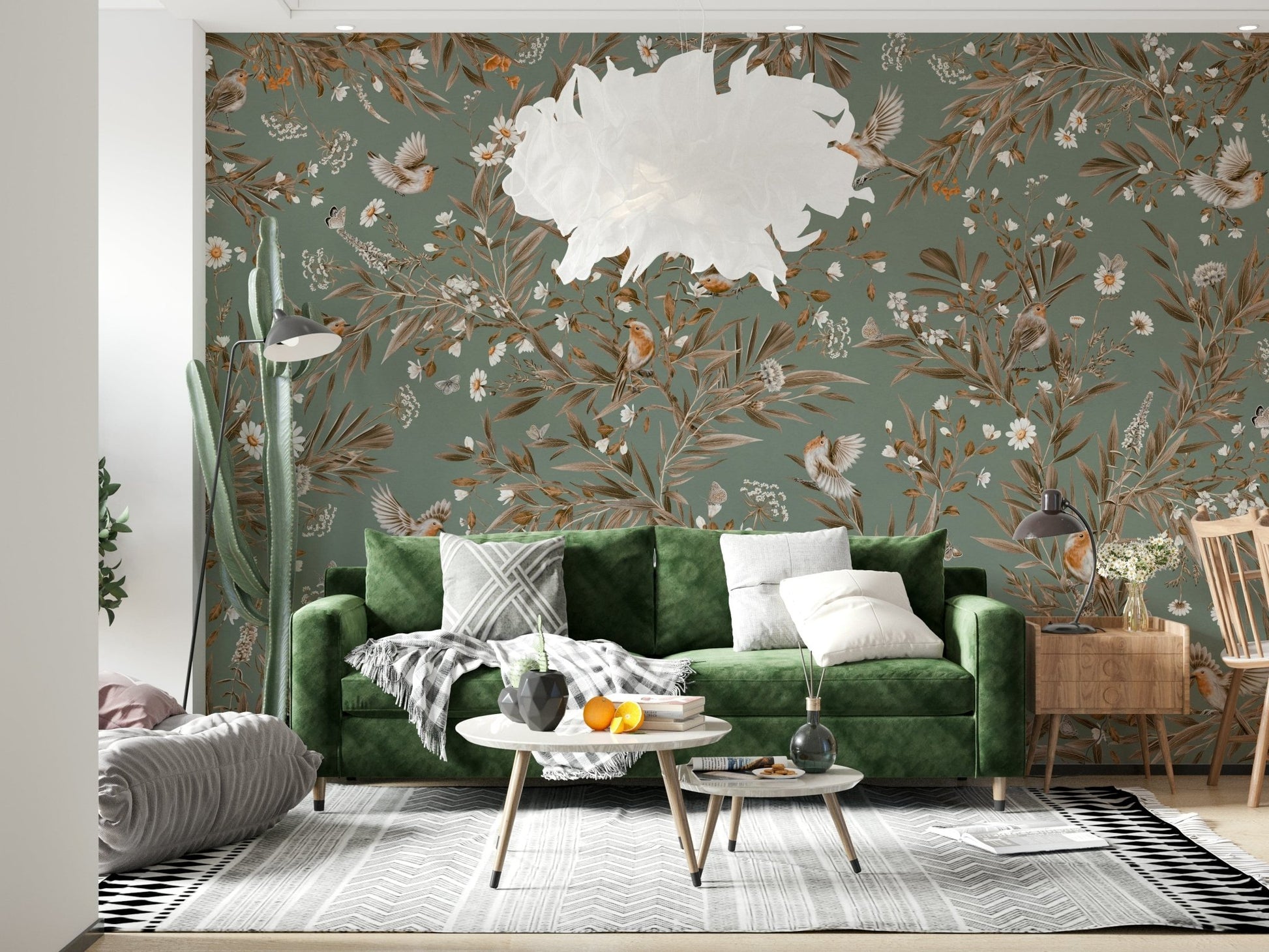 Beautiful botanical mural blending colorful birds and blooming garden flowers