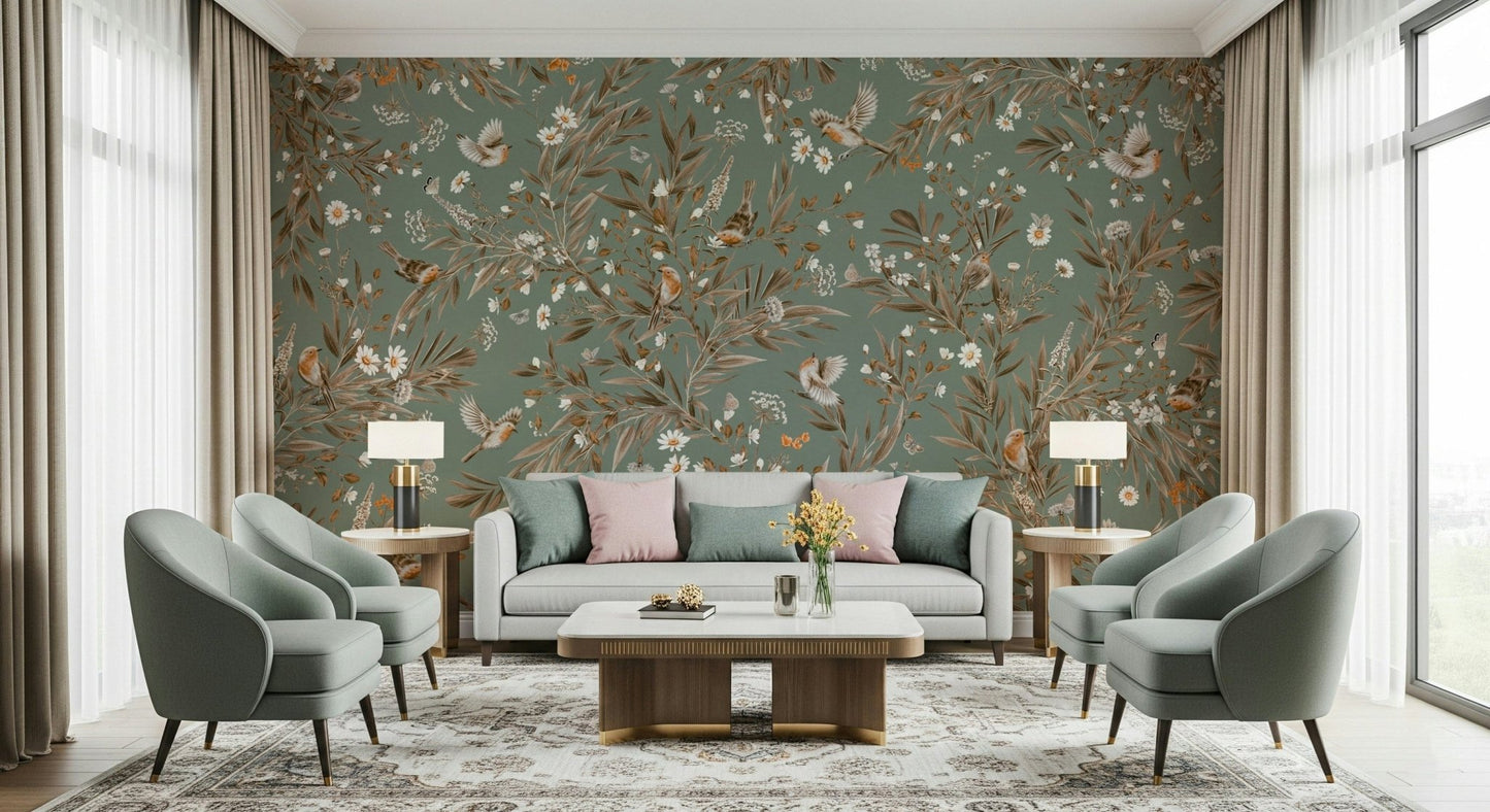 Vibrant wall mural featuring a symphony of colorful birds among blooming flowers