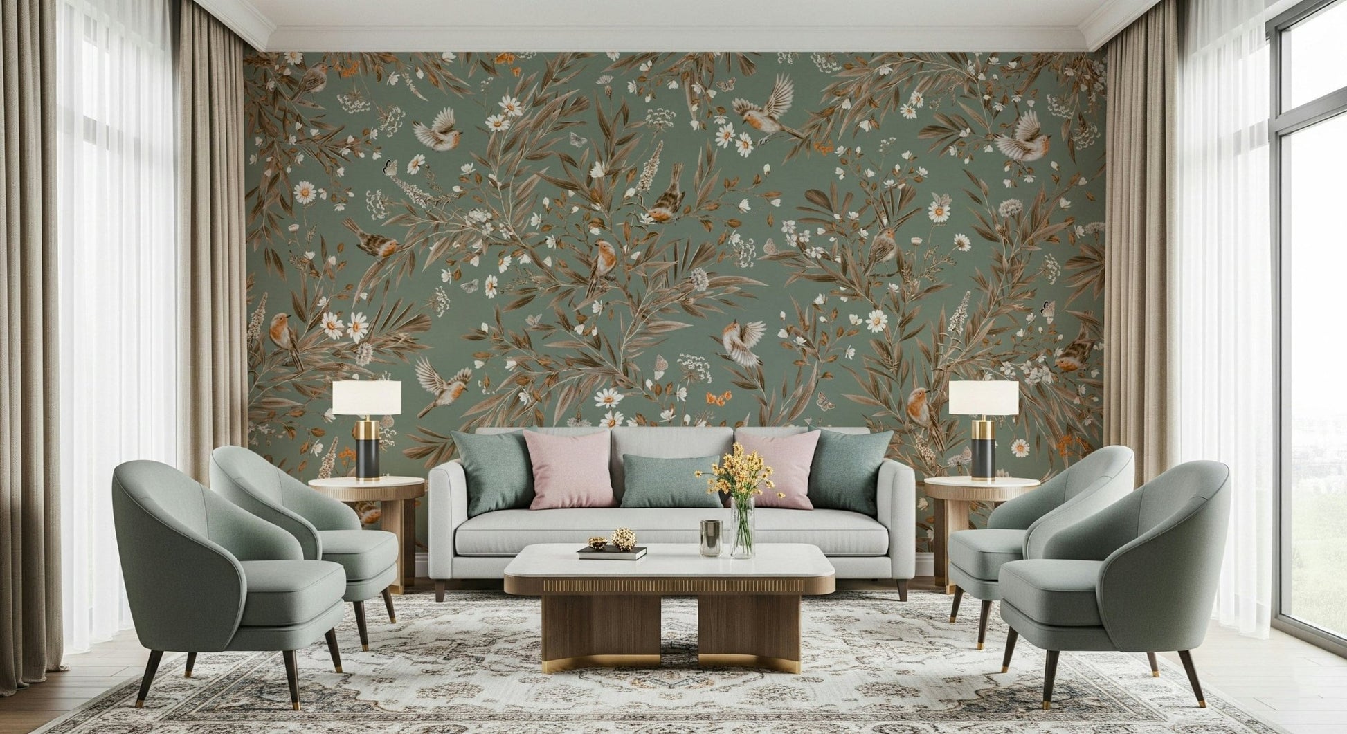 Vibrant wall mural featuring a symphony of colorful birds among blooming flowers