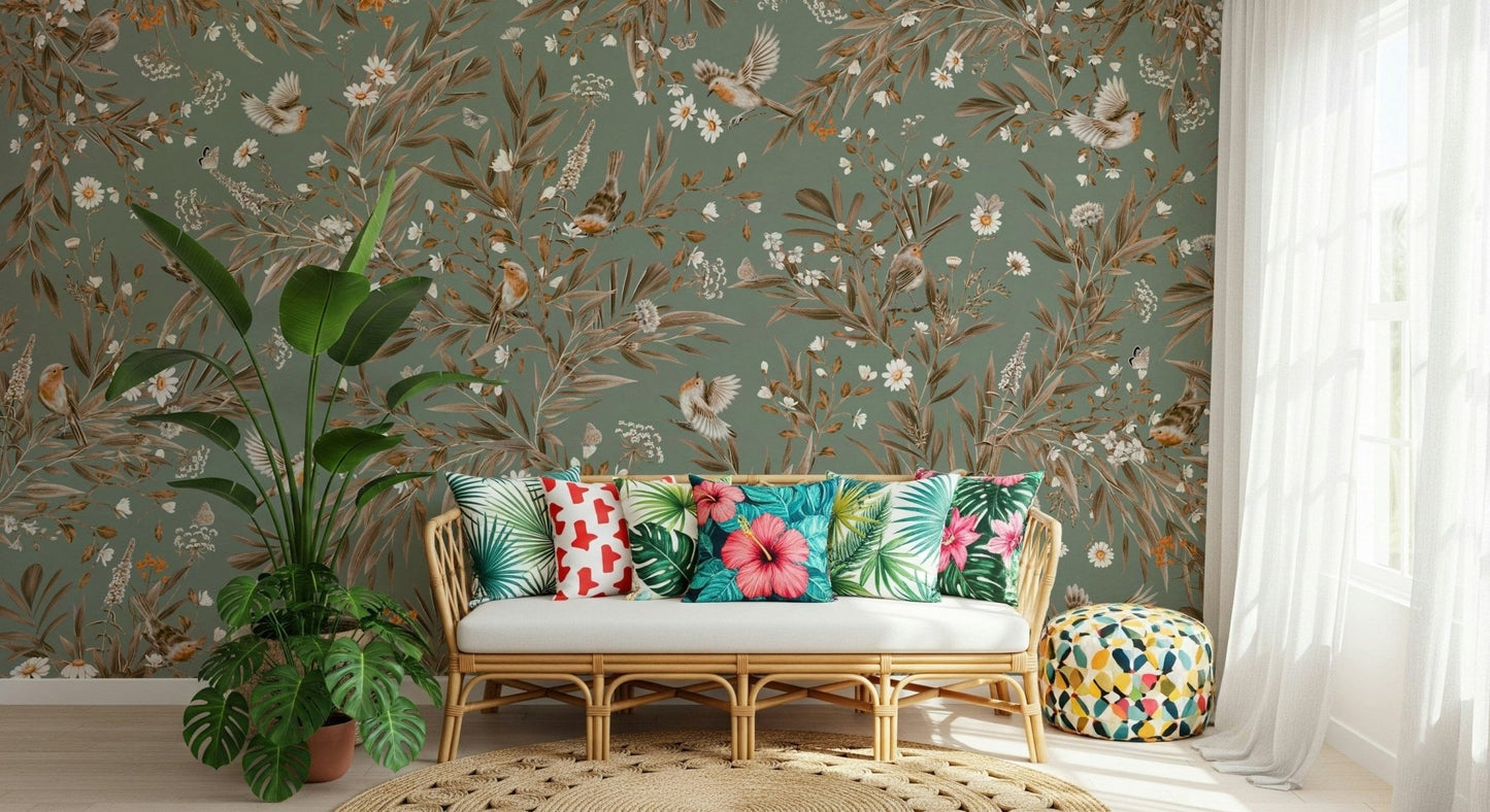 Serene wall mural illustrating birds and blossoms in a harmonious nature scene