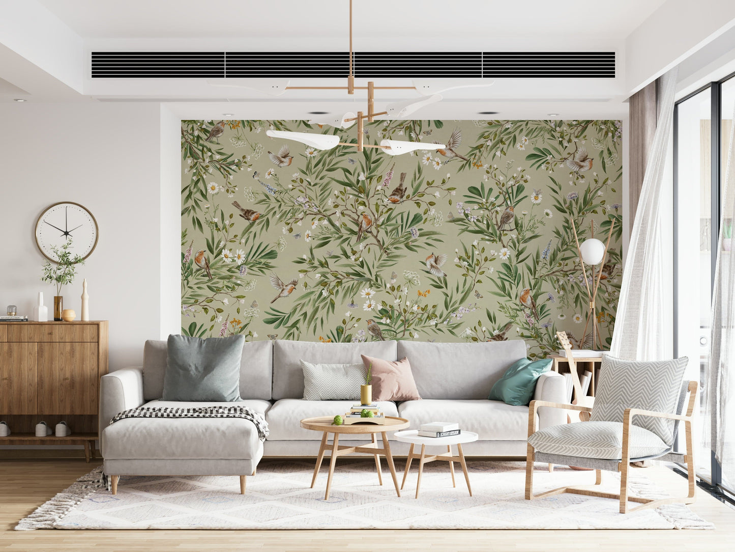 Detailed mural showing birds interacting with vibrant garden blooms