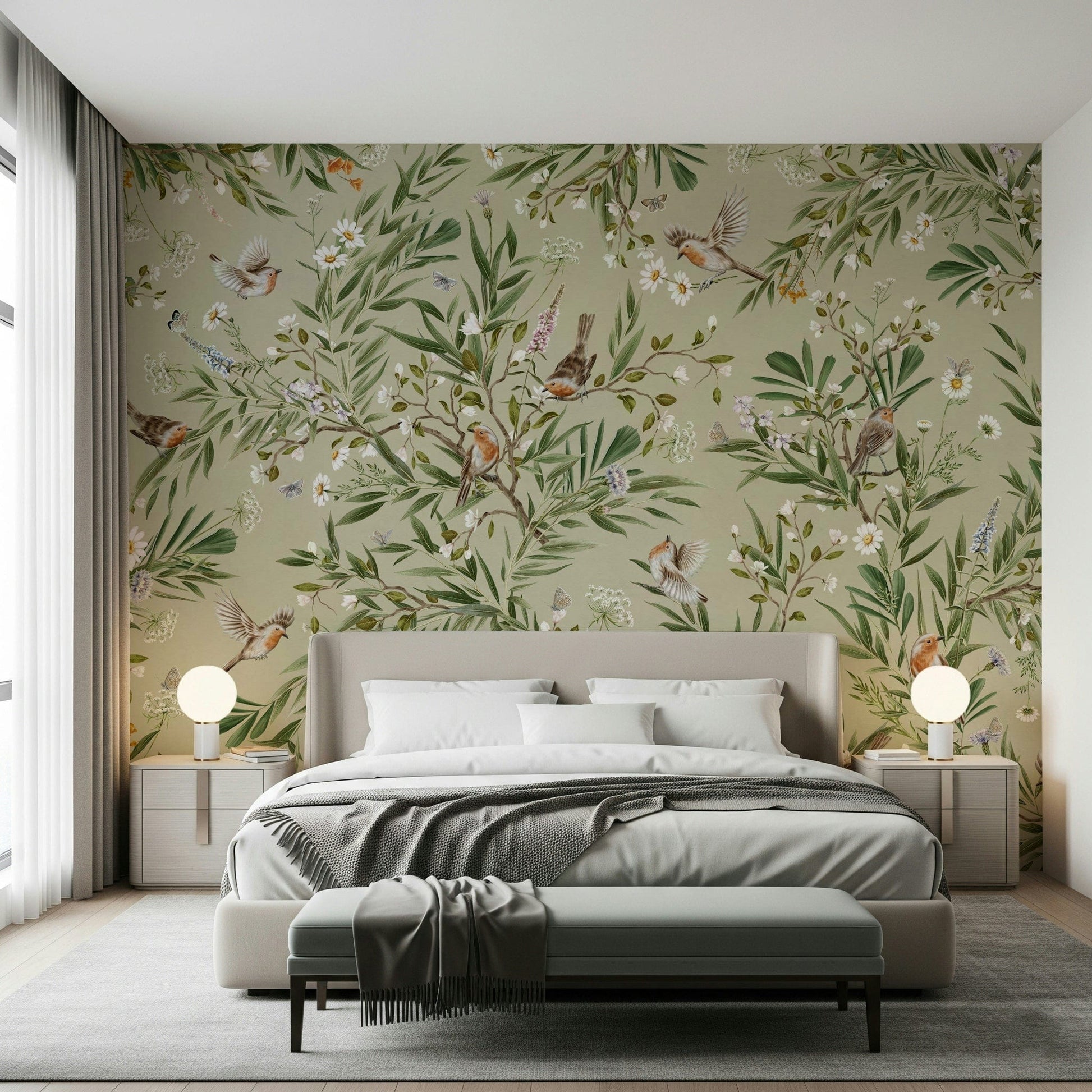 Nature-inspired wall art showing birds in a lush garden of blooms