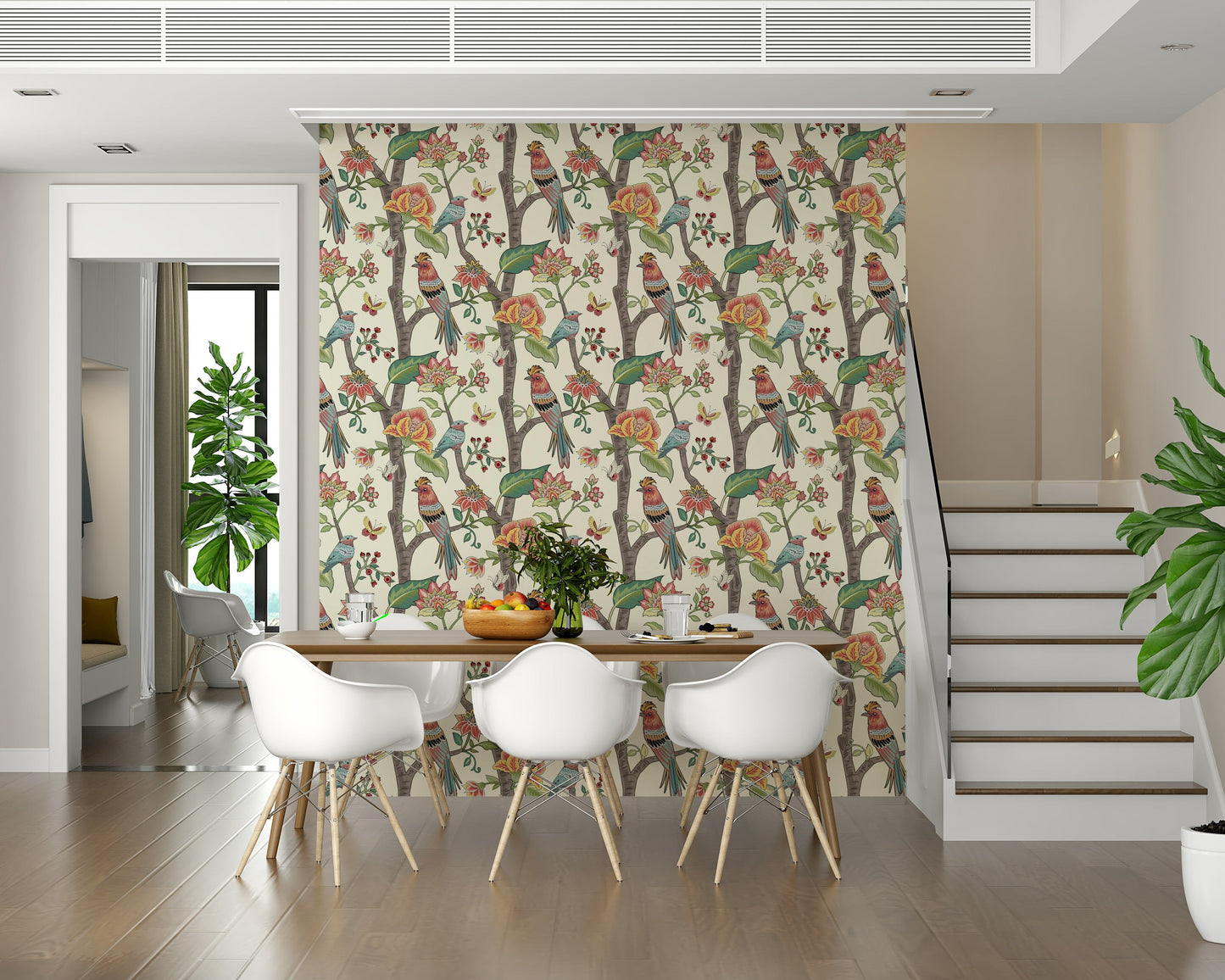Floral wallpaper mural with perched birds and lush botanical elements on a soft background.