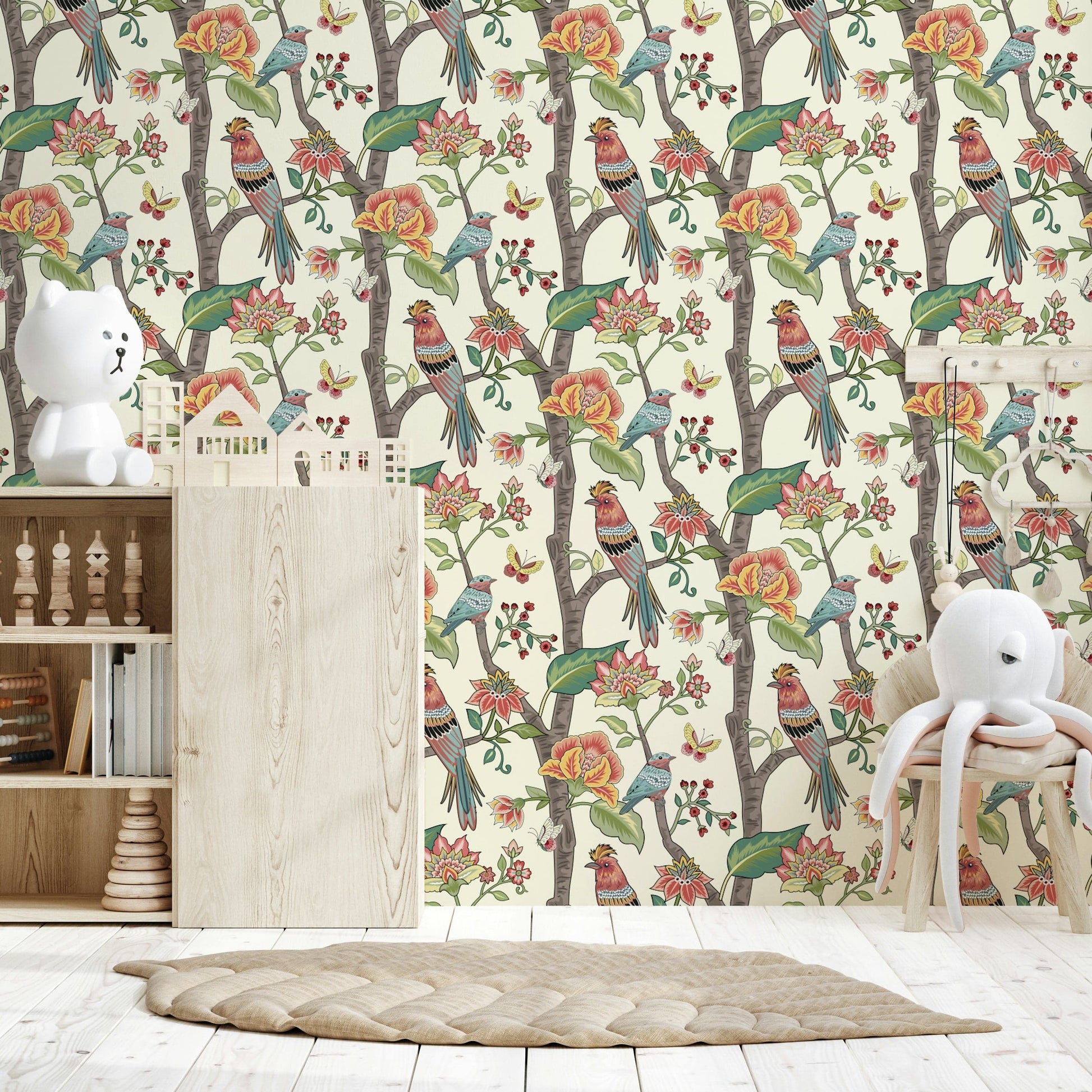 Paradise Perch wallpaper with detailed bird illustrations on a botanical background.