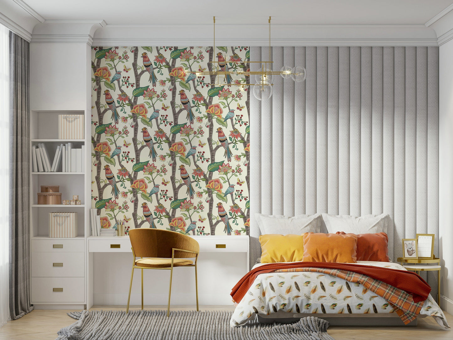 Nature-inspired wallpaper mural showcasing exotic birds surrounded by blooming florals and greenery.