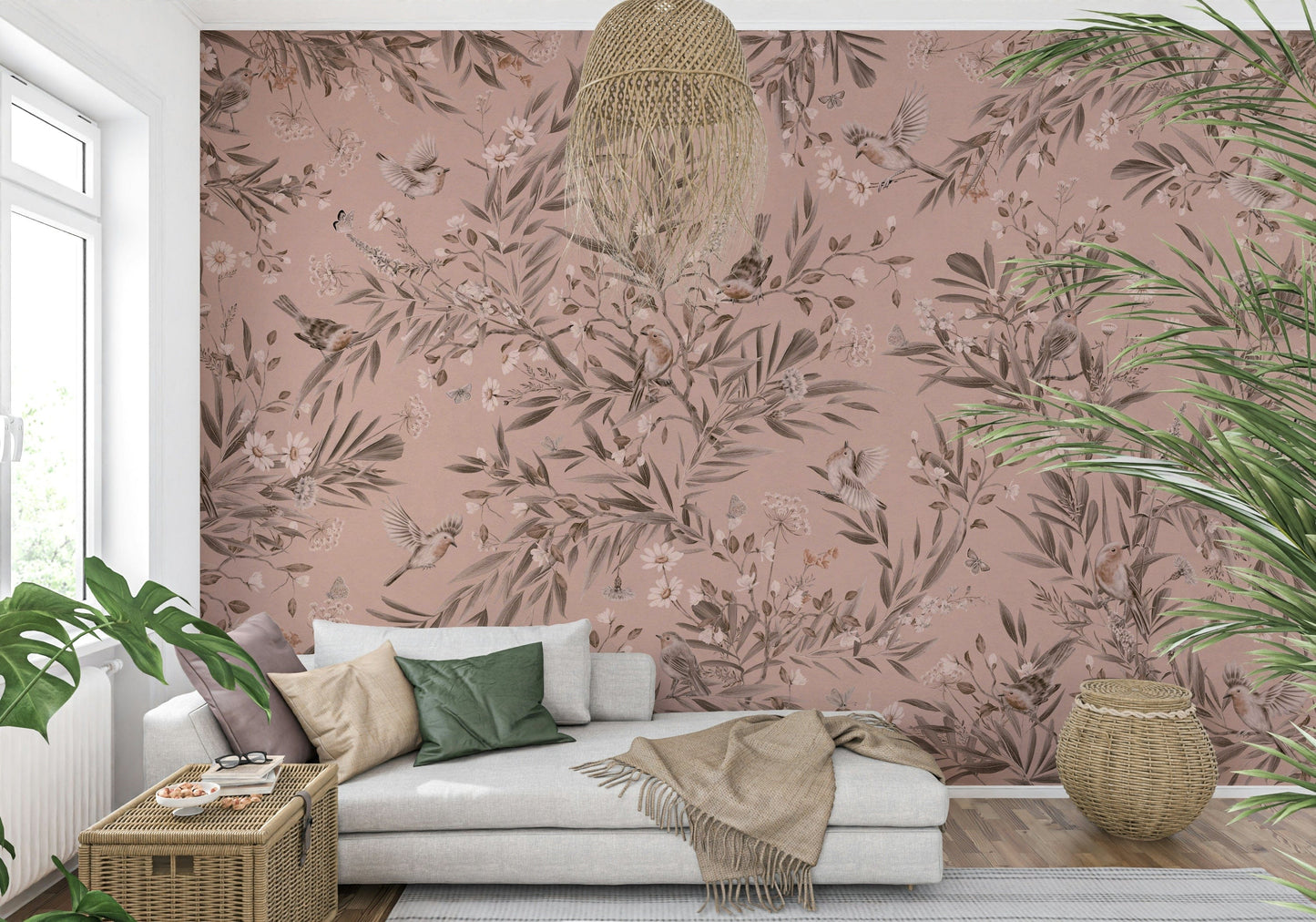Lively wall art blending exotic birds and intricate botanical designs