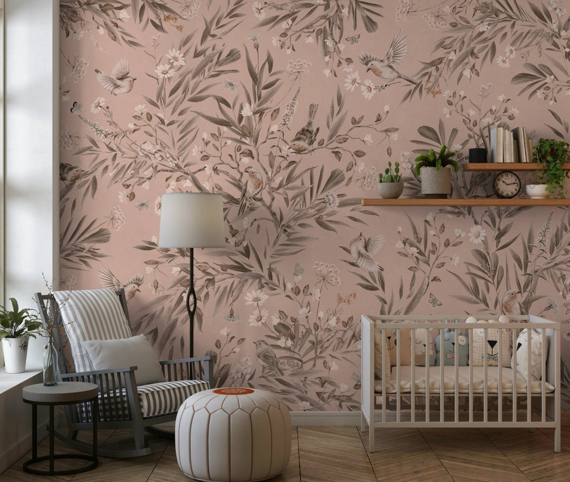 Artistic botanical wall art with birds in a vibrant garden scene.