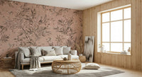 Romantic nature-themed wall mural of birds and vibrant plants