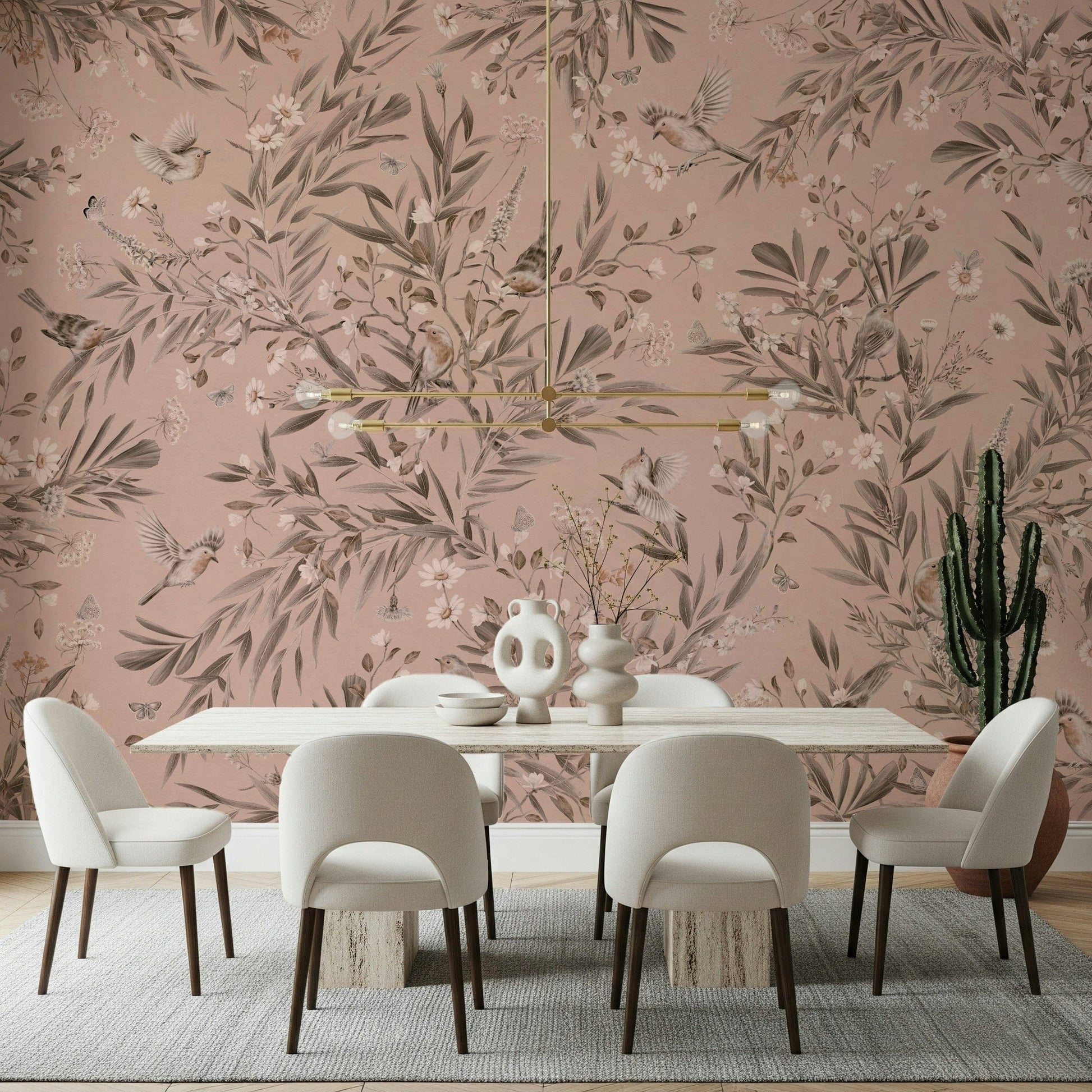 Elegant wall mural featuring colorful birds among lush botanical foliage