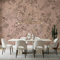 Elegant wall mural featuring colorful birds among lush botanical foliage