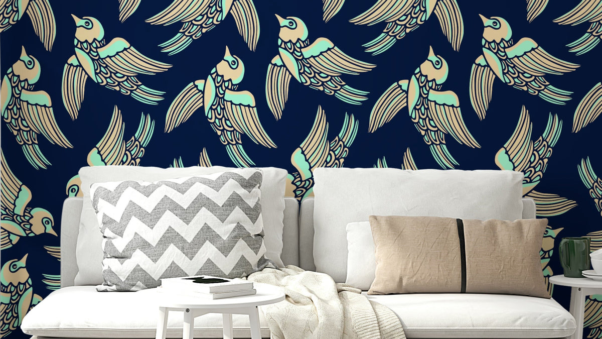Birds flying on a calming mint, beige, and blue background for serene spaces.

