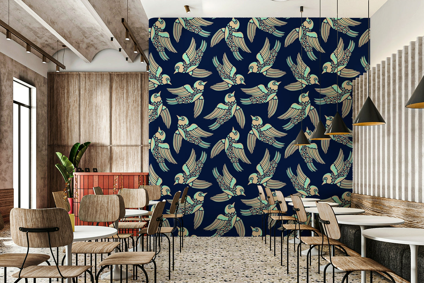 Soft yet bold wallpaper with birds in flight against a mint and blue backdrop.

