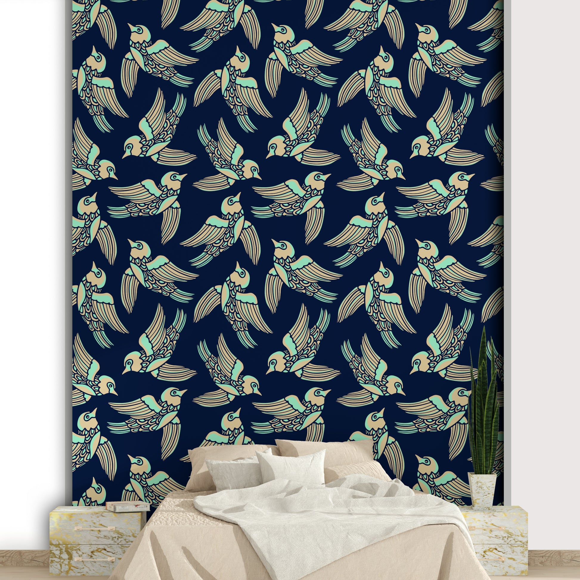 Gentle bird design with mint, beige, and midnight blue for a modern feel.


