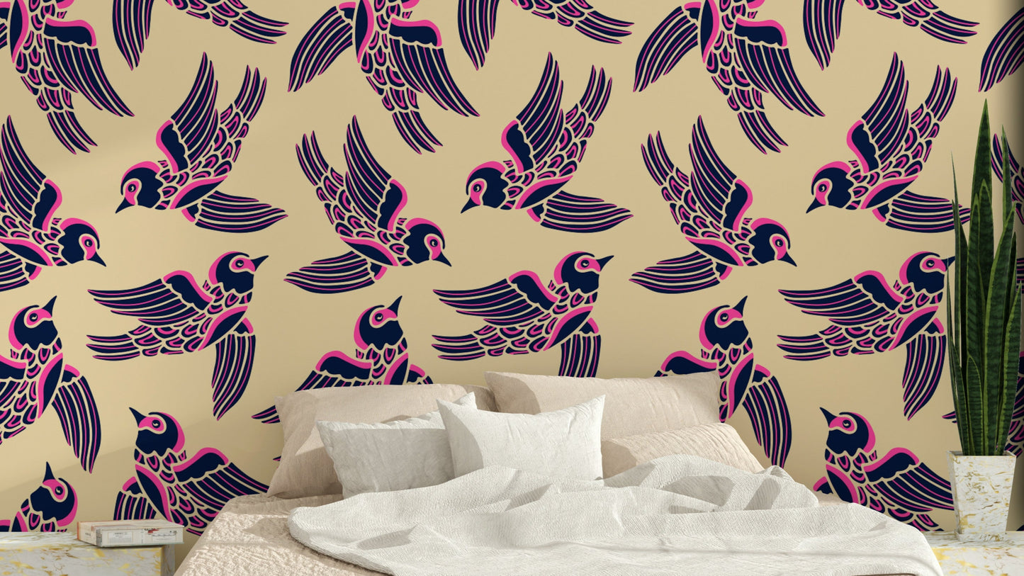 Birds Flying Higher in Fuchsia Pink Midnight Blue Beige Wallpaper with soaring birds.

