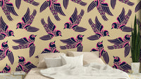 Birds Flying Higher in Fuchsia Pink Midnight Blue Beige Wallpaper with soaring birds.

