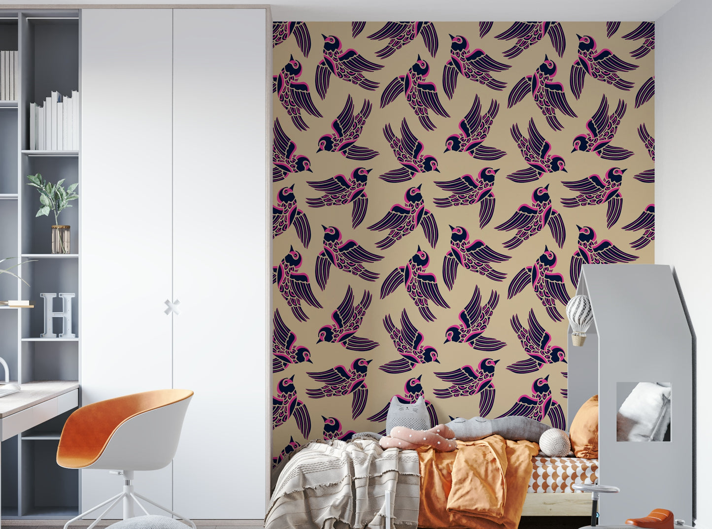 Soaring birds in flight on a dramatic fuchsia, midnight blue, and beige wallpaper.

