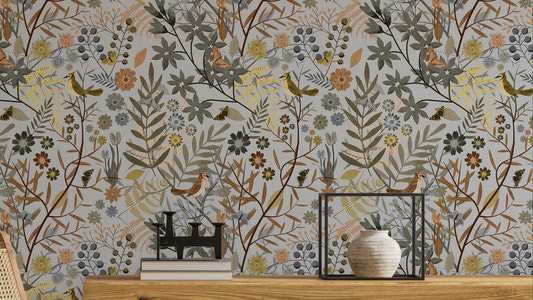 Papier peint gris doré à motif d'oiseaux de jardin