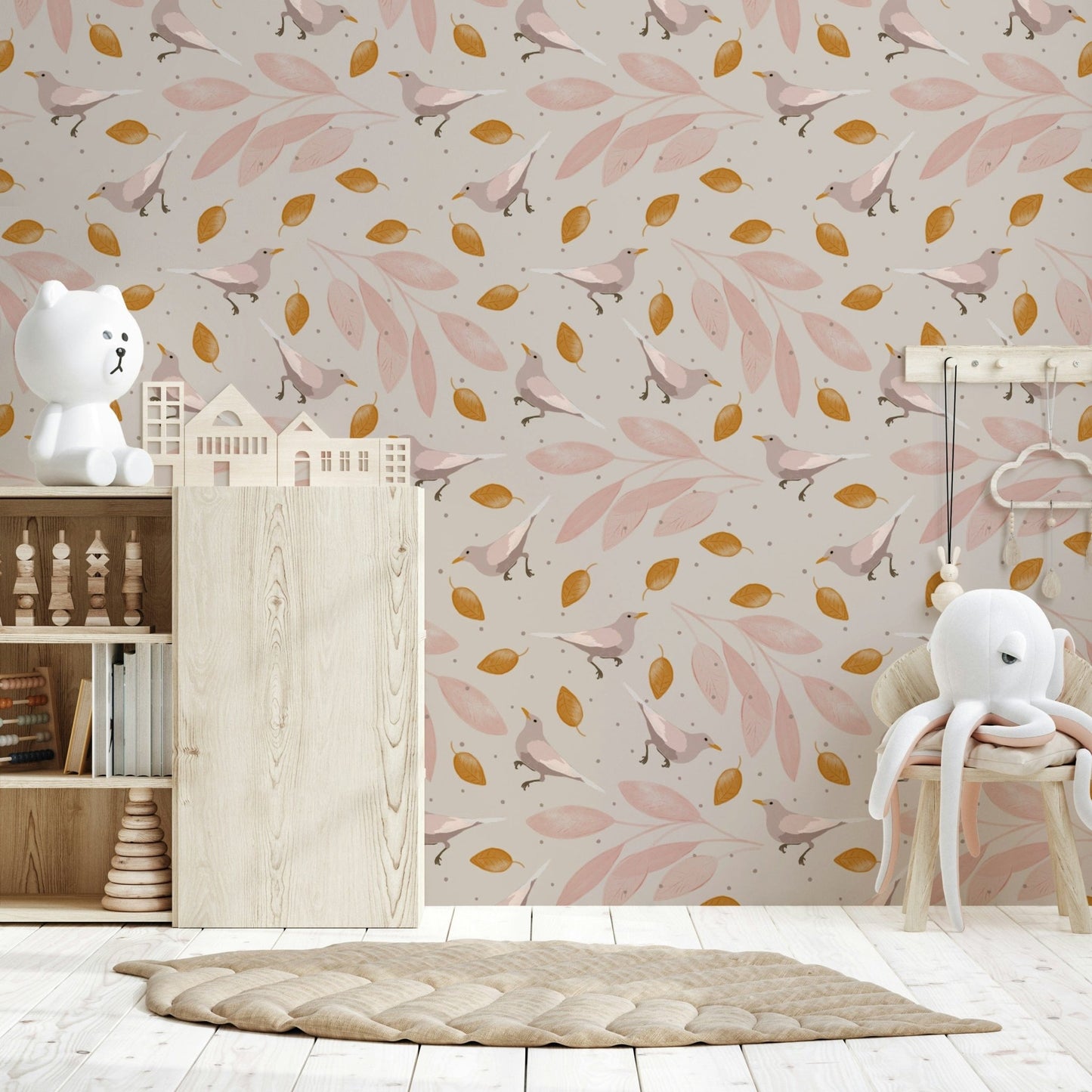 A gentle wallpaper design with warm golden leaves and pastel birds for a relaxed natural feel.